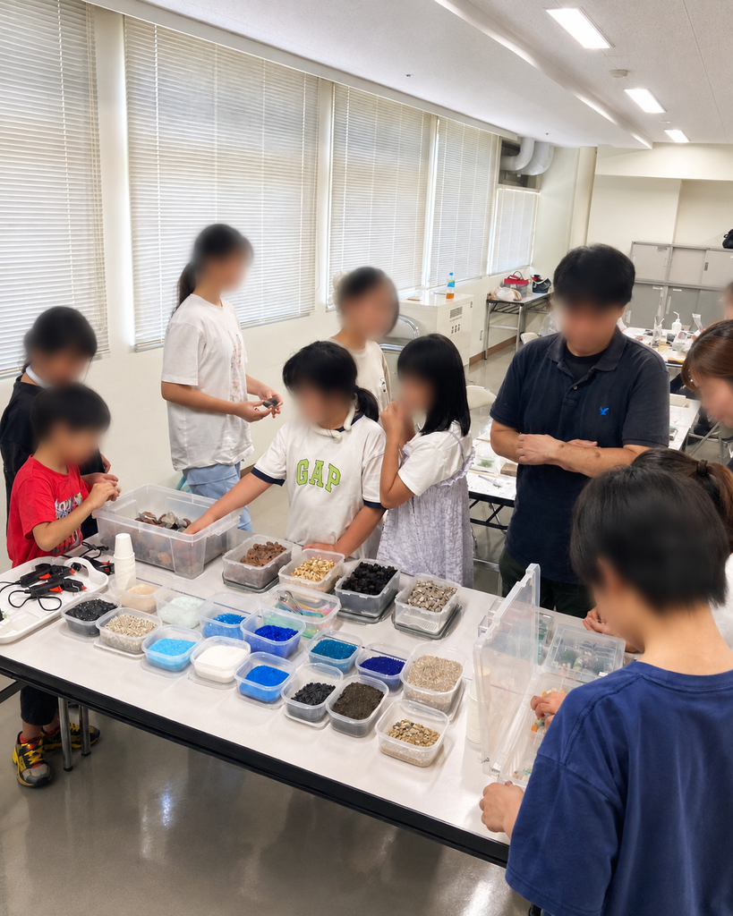 出張ワークショップで苔テラリウムの材料を選ぶ参加者