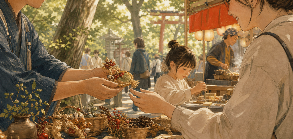 ご縁フェス2026のマルシェで作品を手渡す出店者と来場者