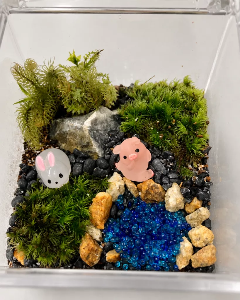 うさぎとぶたが水辺にいる苔テラリウム作品